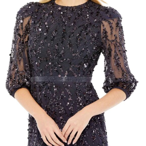 MAC DUGGAL 93790 SEQUINED ELBOW SLEEVE MIDNIGHT DARK NAVY GOWN sz 12 - Picture 2 of 3